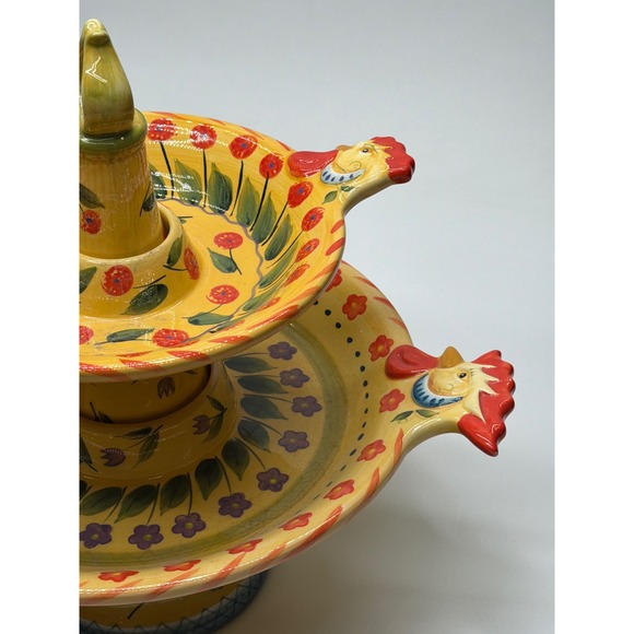 Dario Farrucci Design Yellow Floral Rooster 2 Tier Ceramic Serving Stand Tray